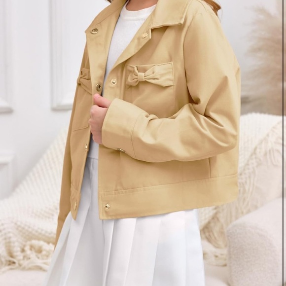 Girls Button Down Crop Jackets Kids Lapel Outerwear Clothes with Chest Pockets - Picture 2 of 7